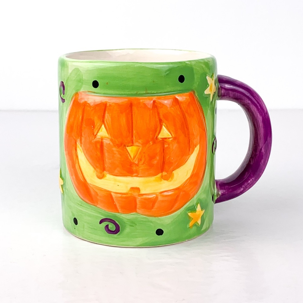 Vintage jack-o-lantern mug Halloween spooky ceramic pumpkin coffee cup green